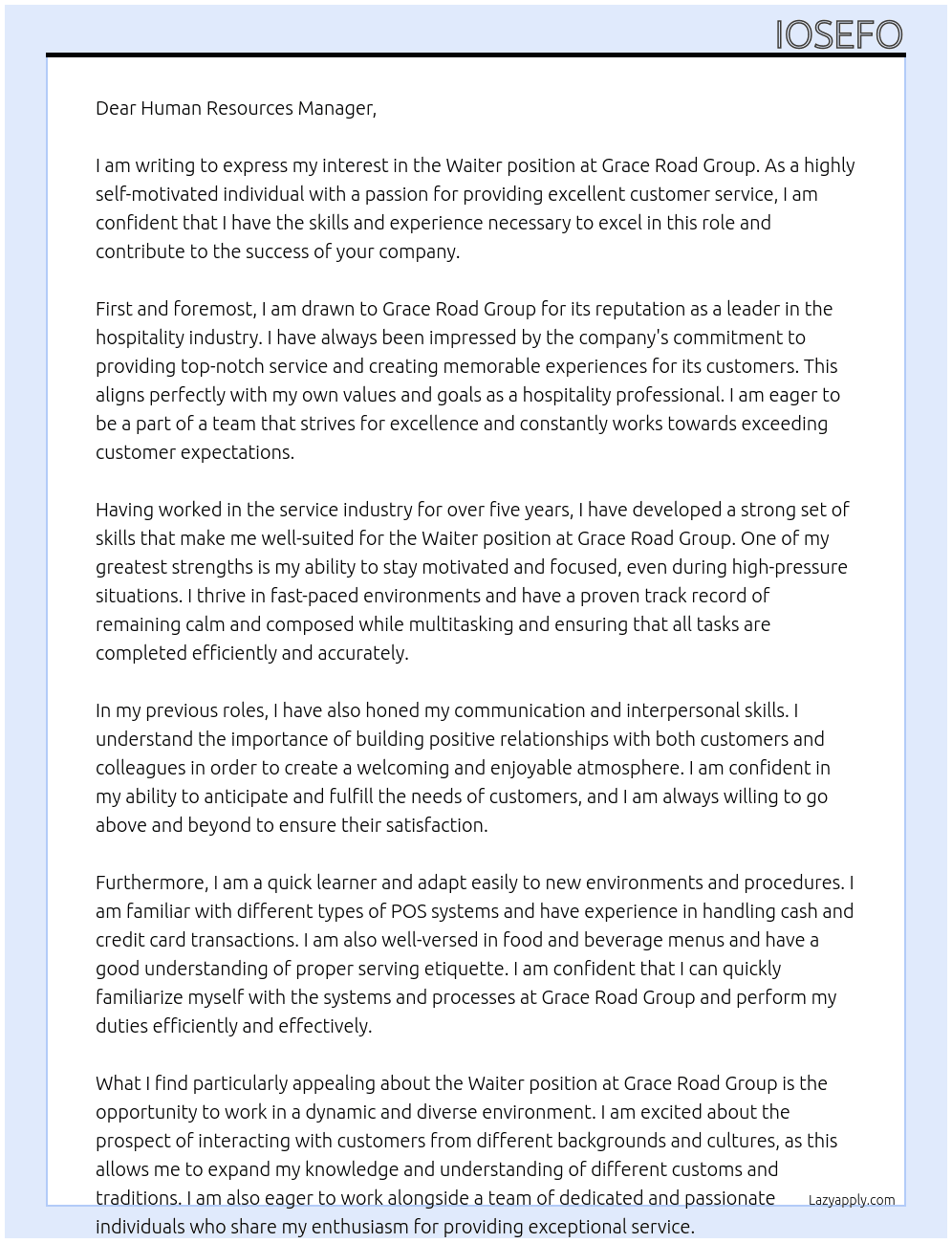 Waiter At Grace Road Group Cover Letter