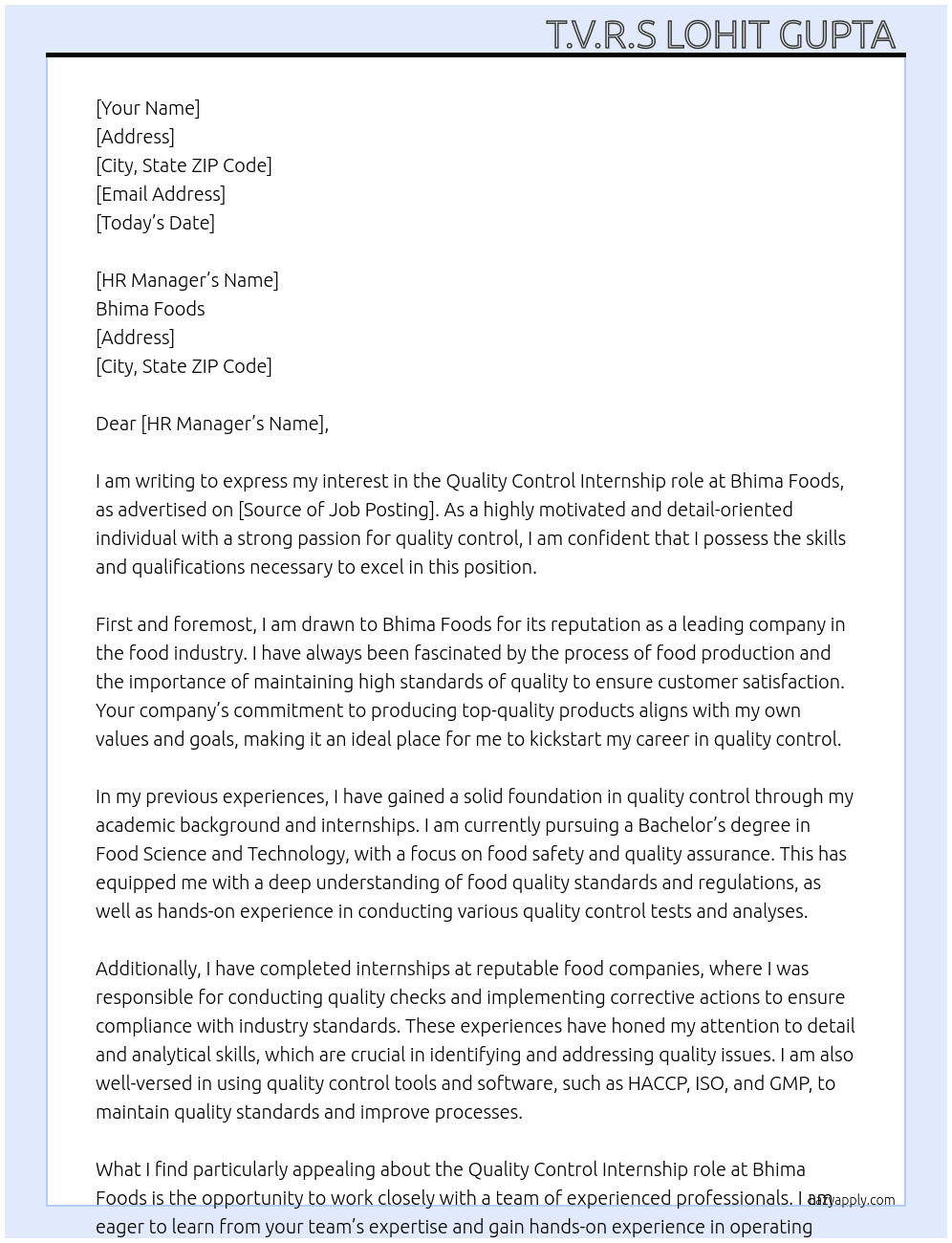 Quality control At Bhima foods  Cover Letter