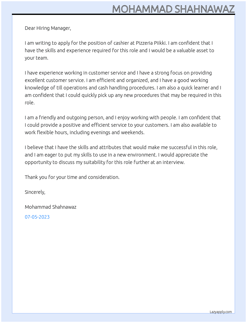 cashier At Pizzeria Piikki Cover Letter