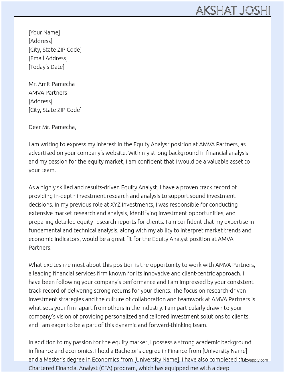Equity Analyst At AMVA PARTNERS Cover Letter