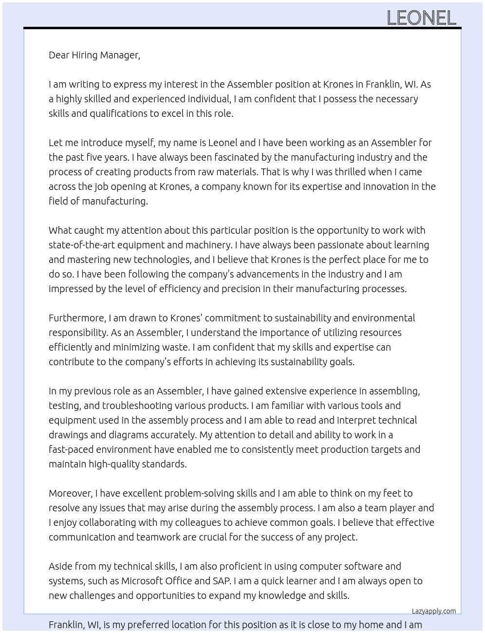 Assembler At Krones Cover Letter