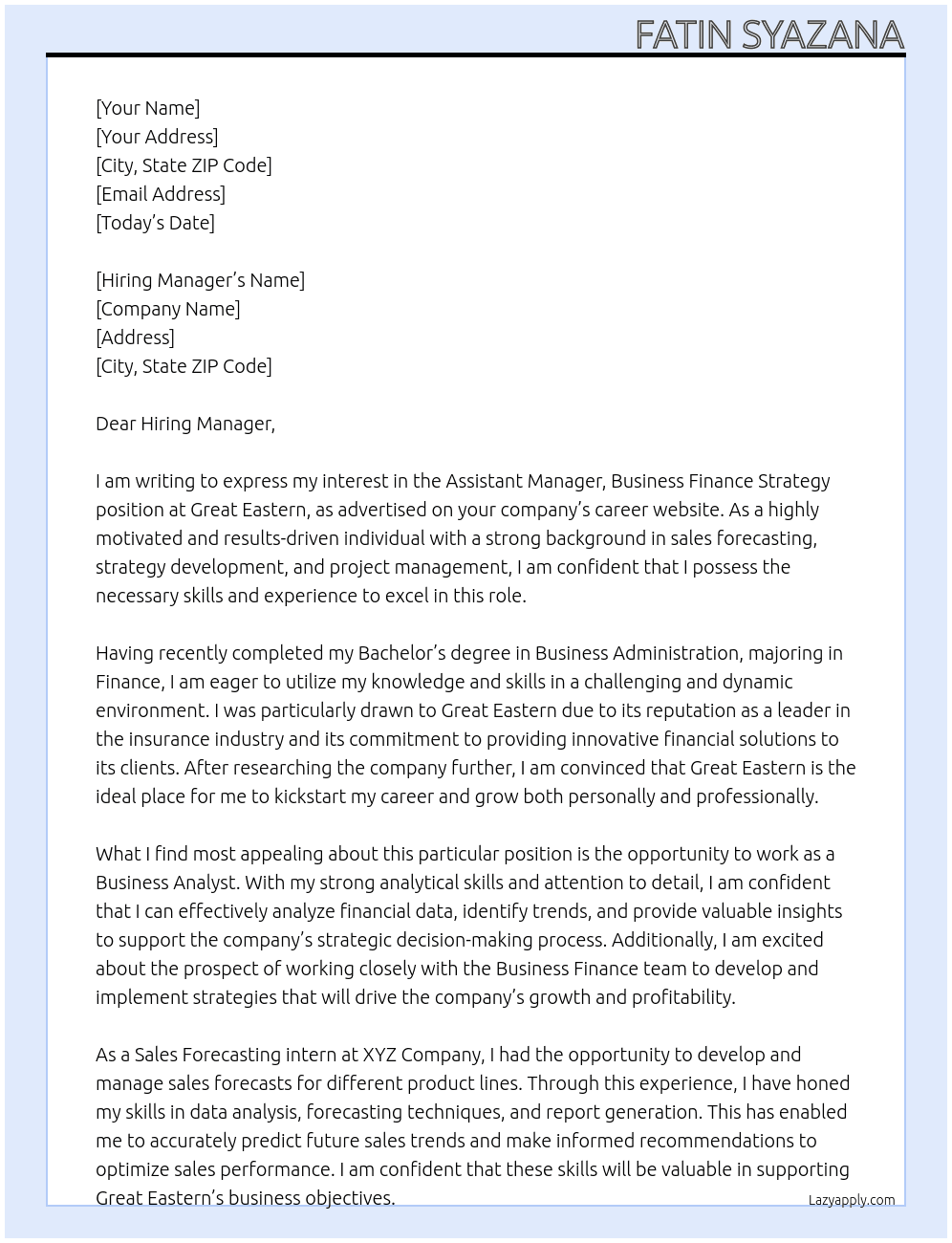 Assistant Manager, Business Finance Strategy At Great Eastern Cover Letter