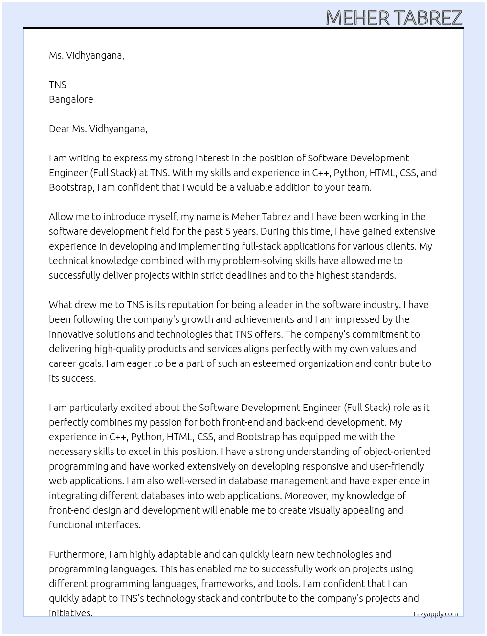 Software Development Engineer (Full Stack) At TNS Cover Letter