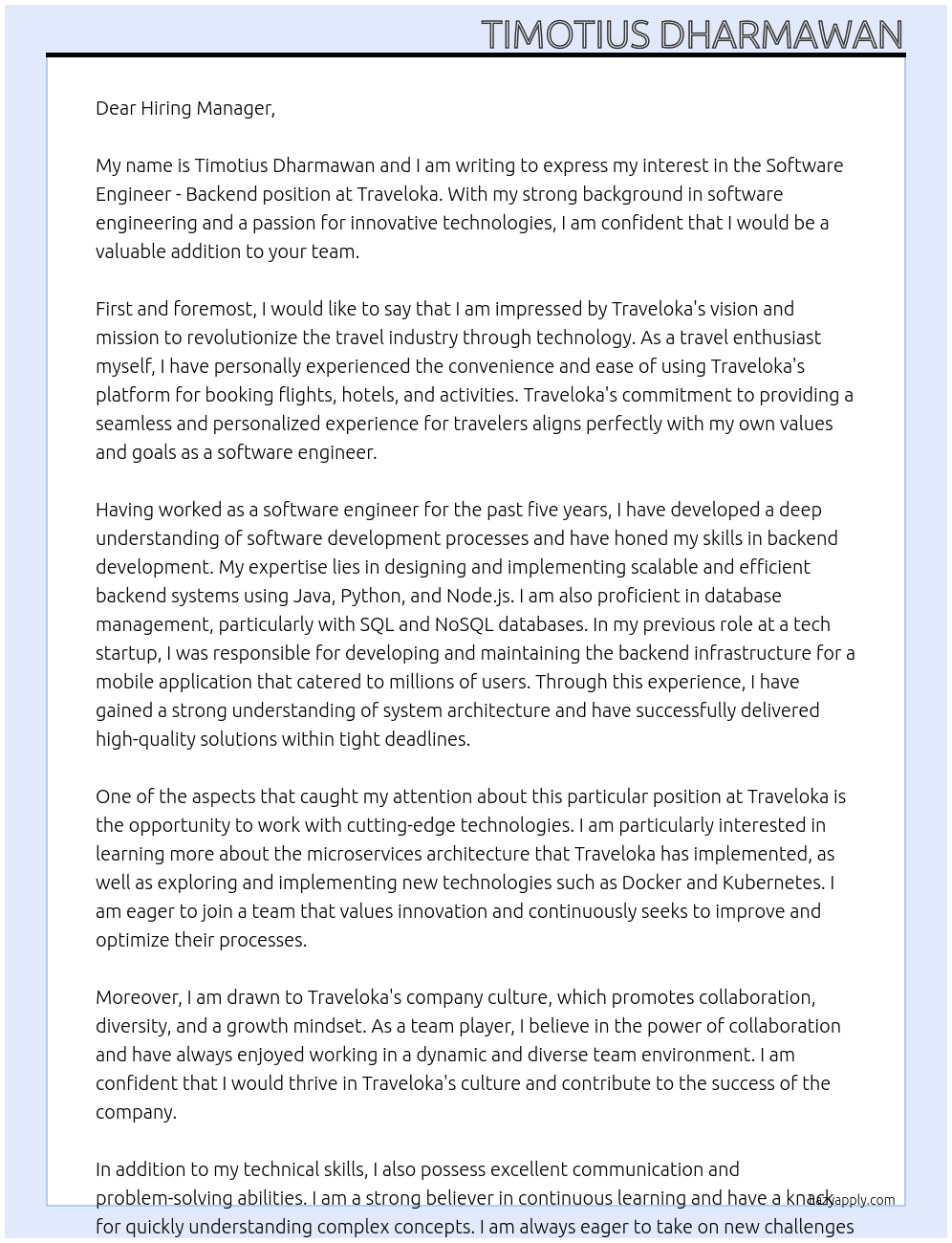 Software Engineer - Backend At Traveloka Cover Letter