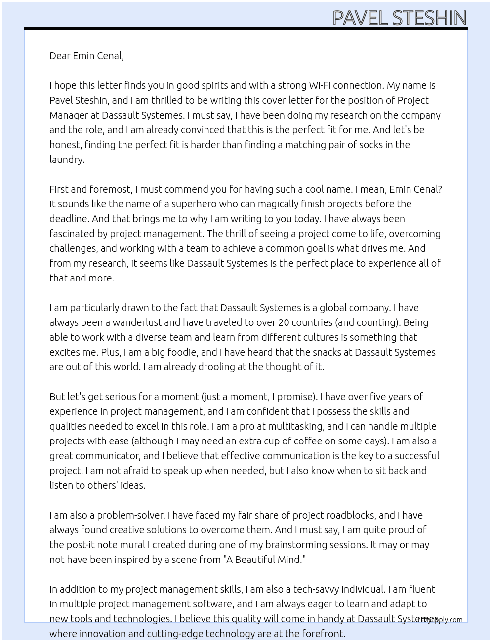 Project Manager At Dassault Systemes Cover Letter