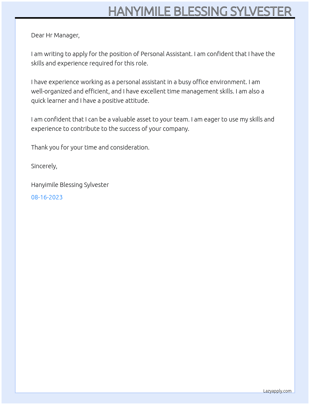 Personal assistant  At Hr Manager  Cover Letter