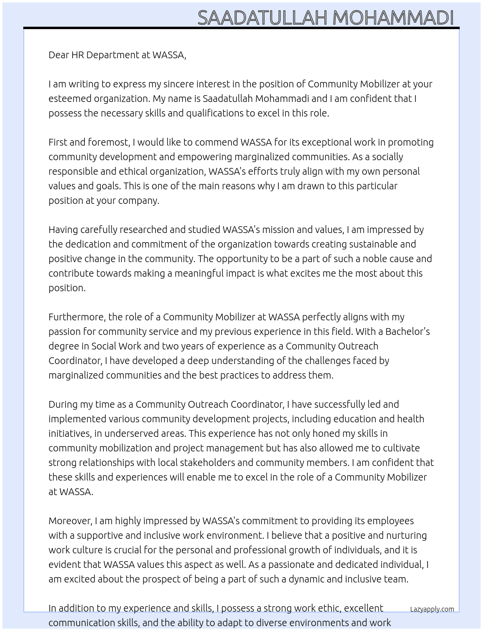 Community Mobilizer  At WASSA  Cover Letter