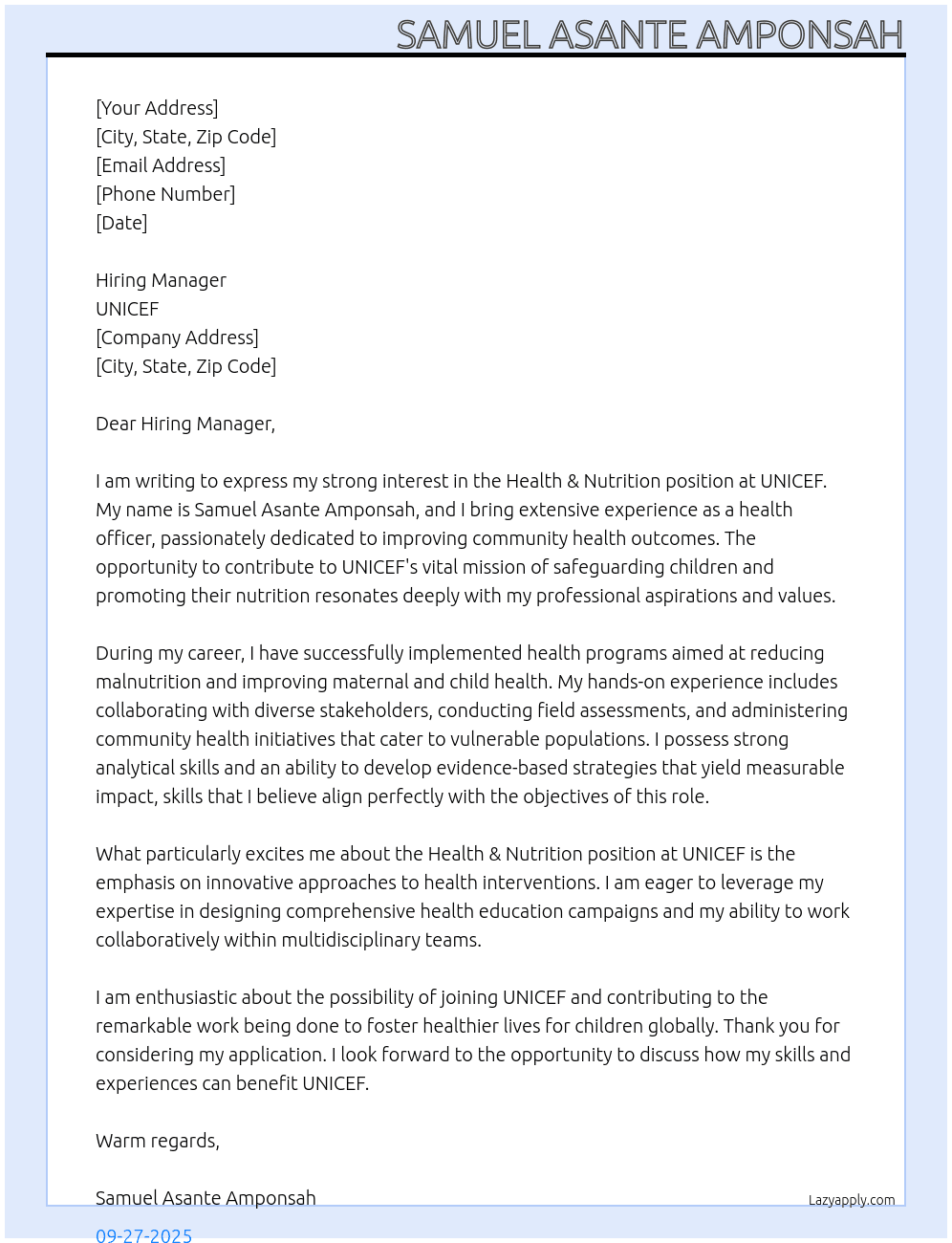 Cover letter for health & nutrition - LazyApply
