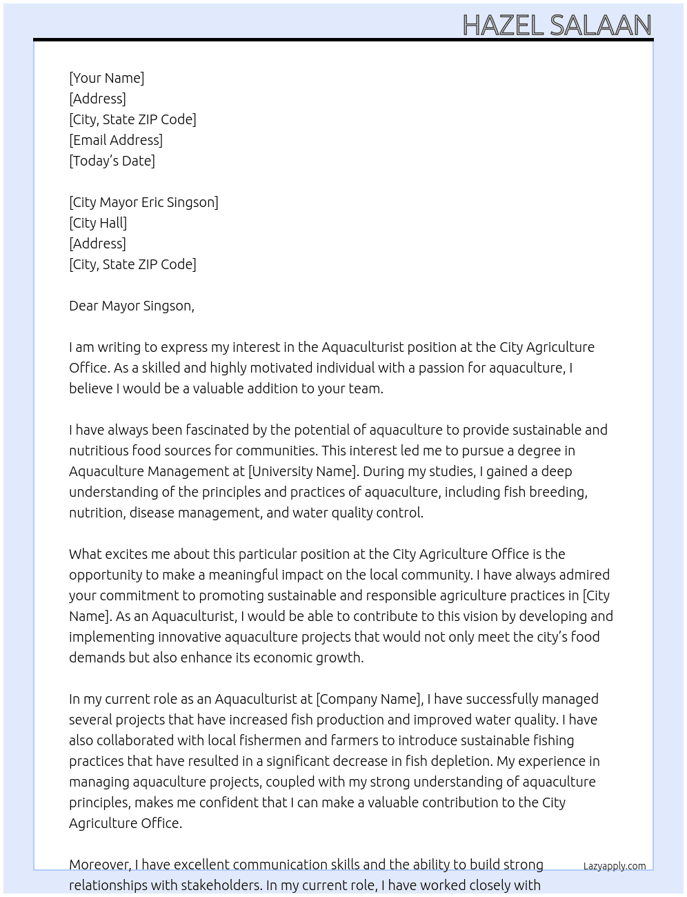 Aquaculturist At City Agriculture Office Cover Letter