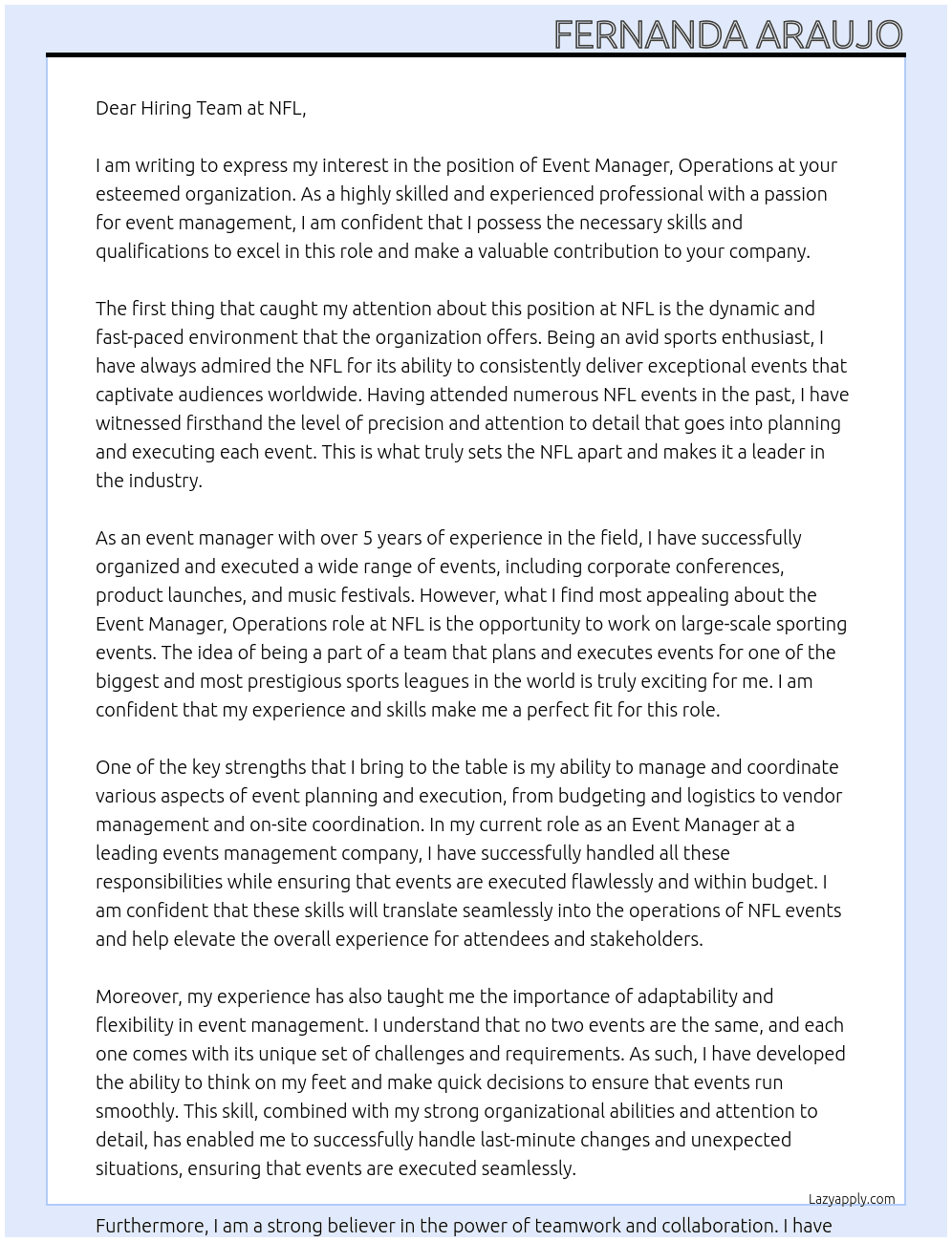 Event Manager, Operations At NFL Cover Letter