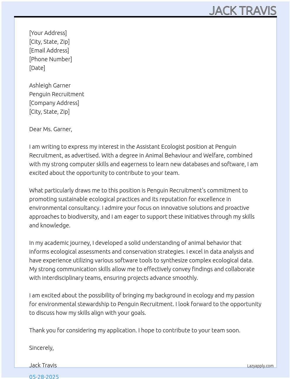 Assistant Ecologist  At Penguin Recruitment  Cover Letter