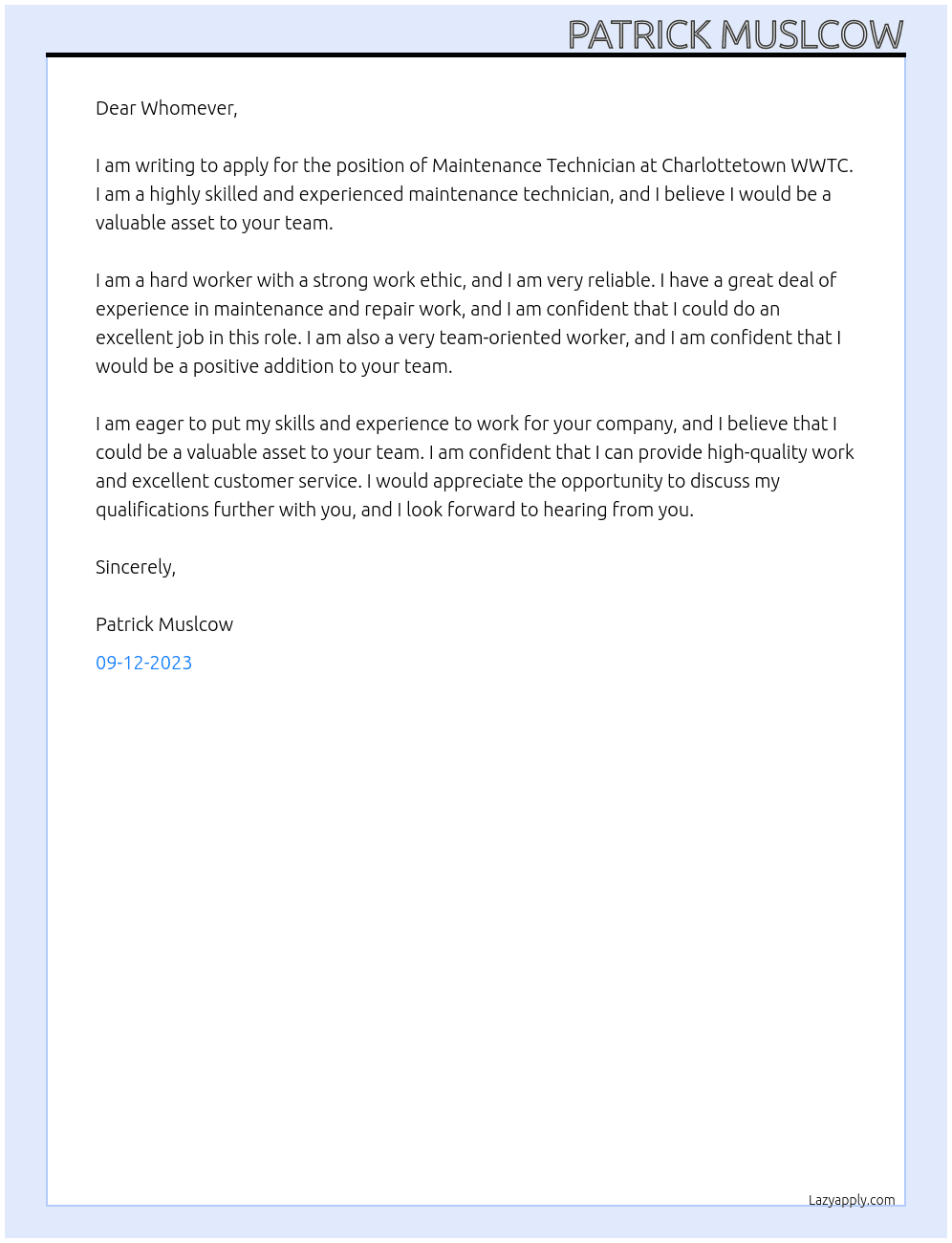 Maintenance technician  At Charlottetown WWTC Cover Letter