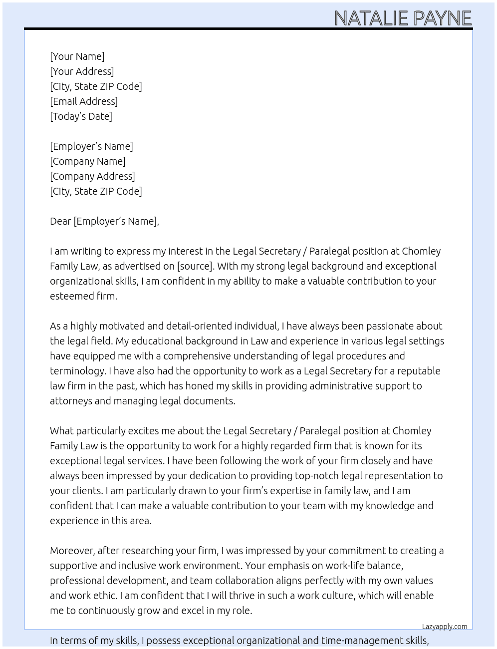 Legal Secretary / Paralegal At Chomley Family Law Cover Letter