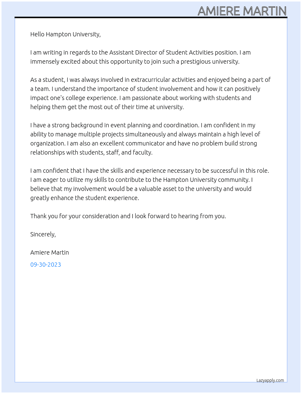 Assistant Director of Student Activities. At Hampton Uni Cover Letter