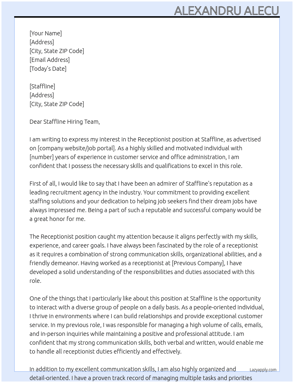 Receptionist At Staffline Cover Letter