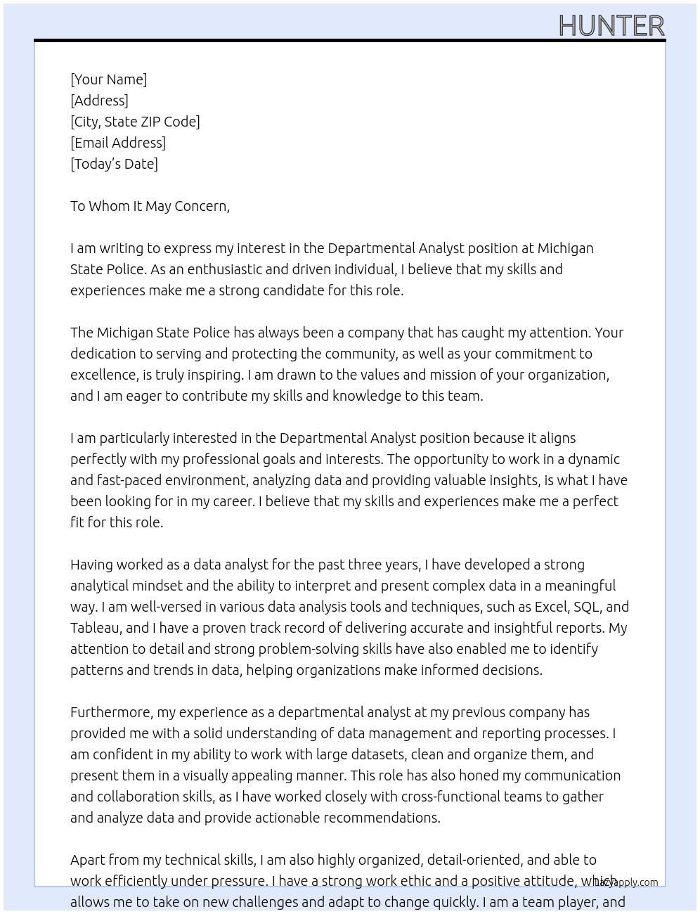 Departmental Analyst At Michigan State Police Cover Letter