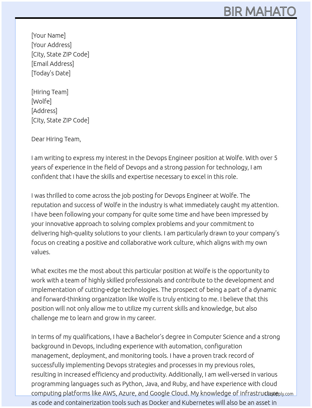 Devops Engineer At Wolfe Cover Letter