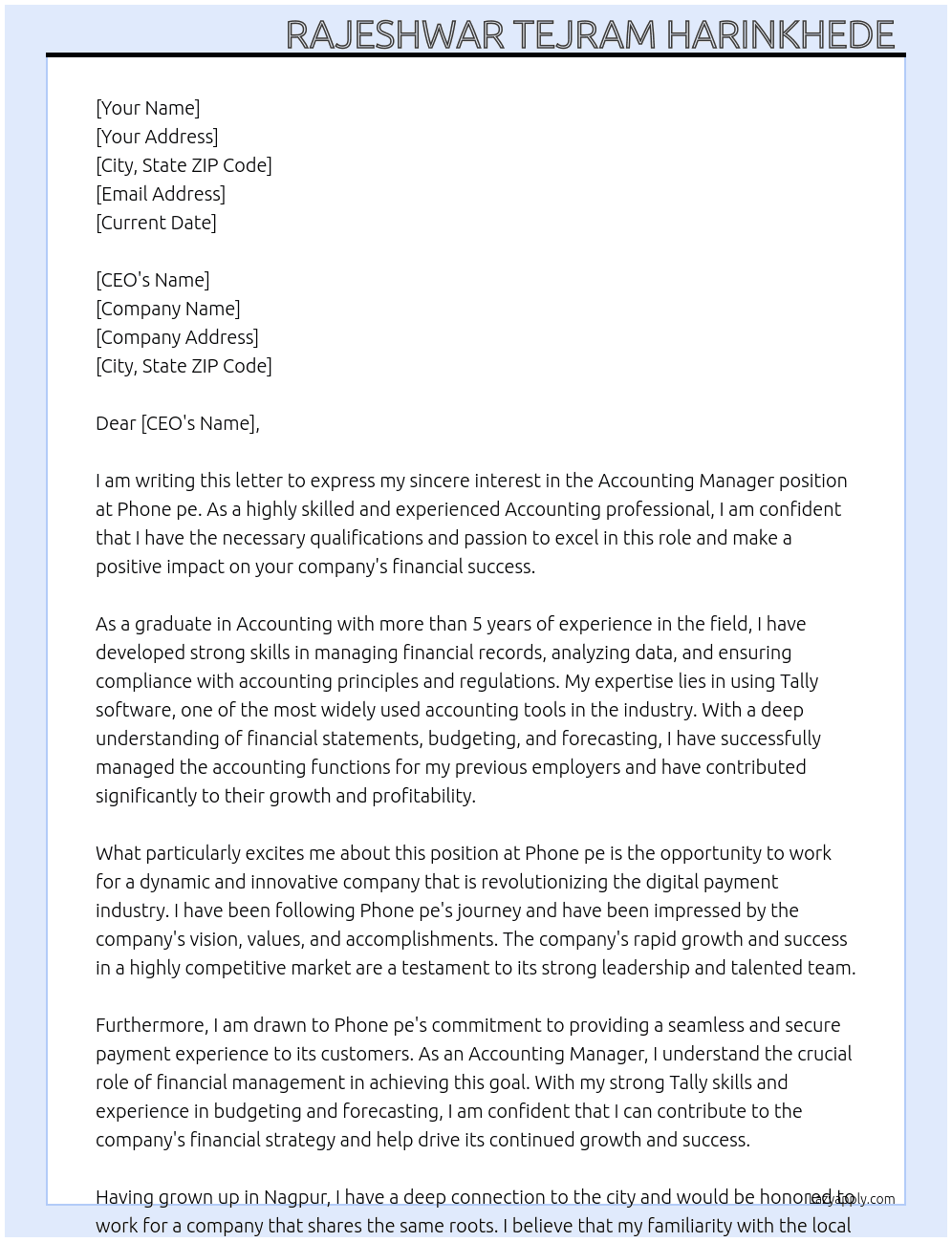 Accounting manager  At Phone pe Cover Letter