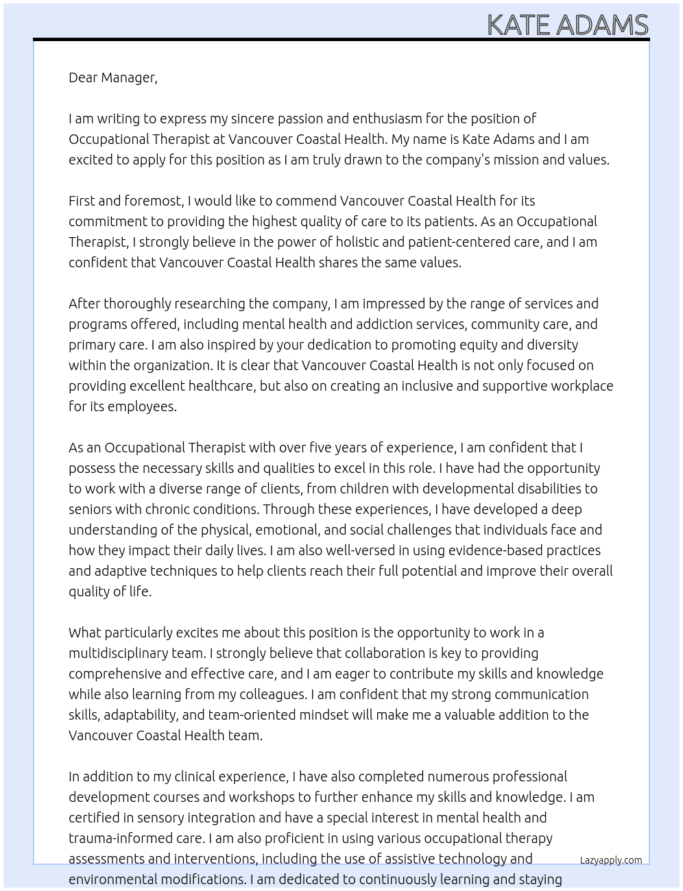 Occupational Therapist At Vancouver Coastal Health  Cover Letter