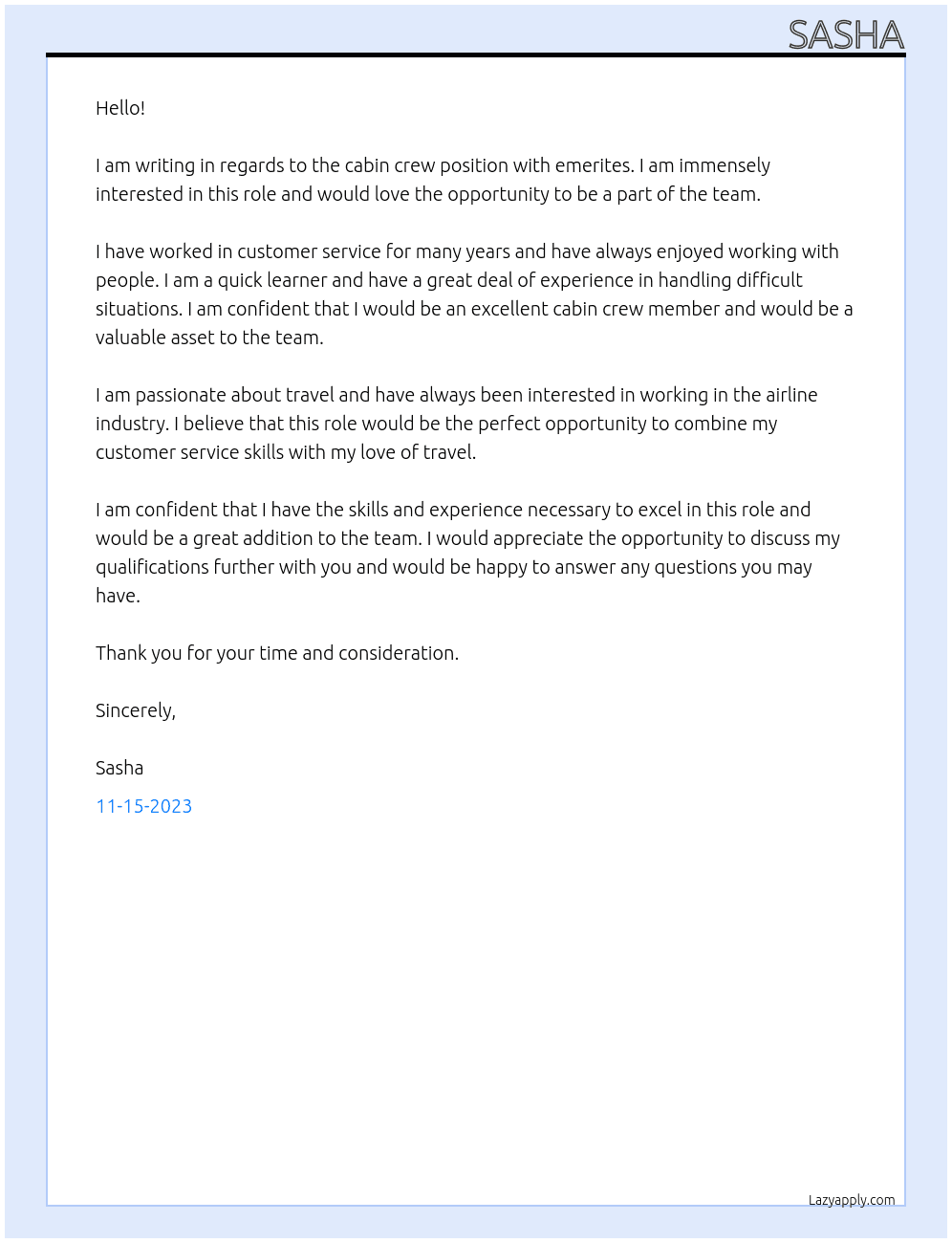 cabin crew At emerites Cover Letter