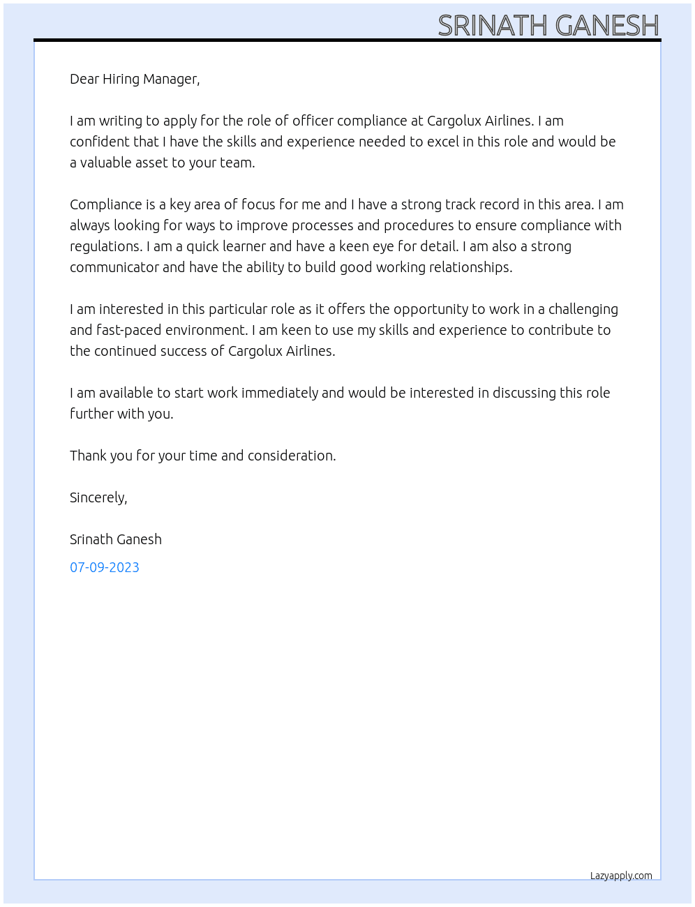 officer compliance At Cargolux Airlines Cover Letter