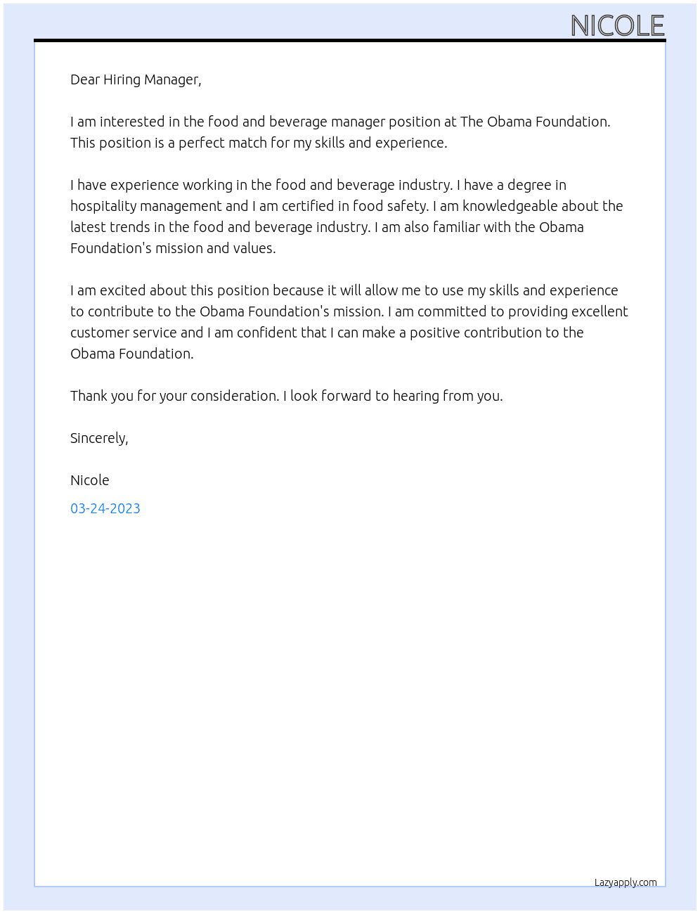 Food Beverage Manager At The Obama Foundation Cover Letter