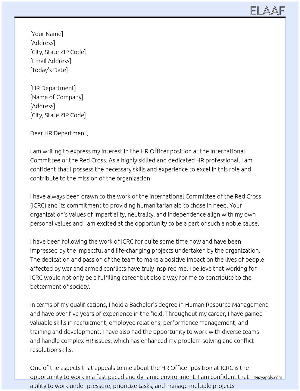 HR Officer At International Committee Of The Red Cross  Cover Letter