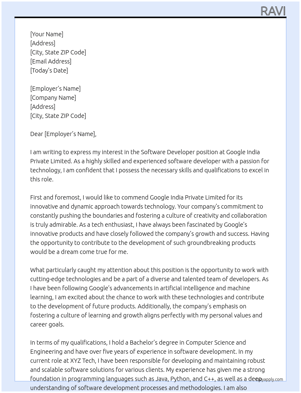 Software Developer At Google India Private Limited Cover Letter