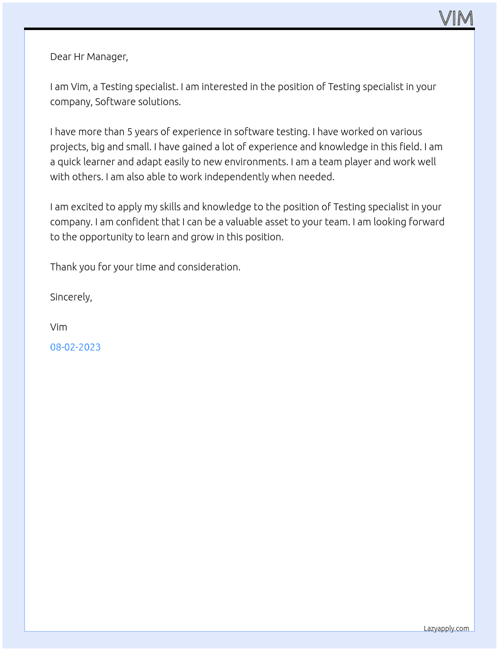 Testing specialist At Software solutions Cover Letter