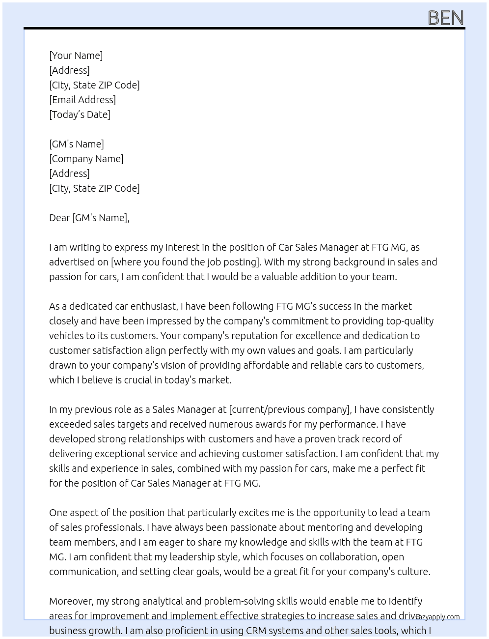 car sales manager At FTG MG Cover Letter