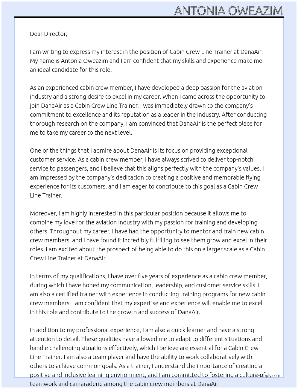 Cabin crew line trainer At DanaAir Cover Letter