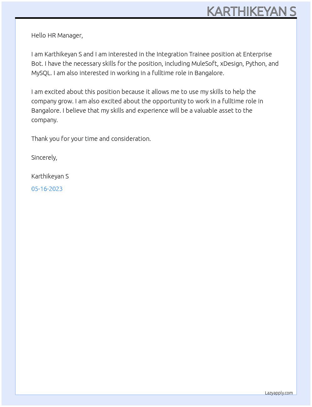Integration Trainee At  Enterprise Bot Cover Letter