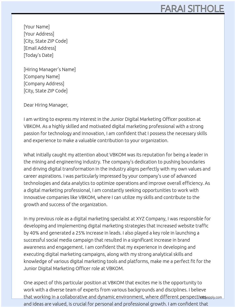 Junior digital marketing officer At VBKOM Cover Letter