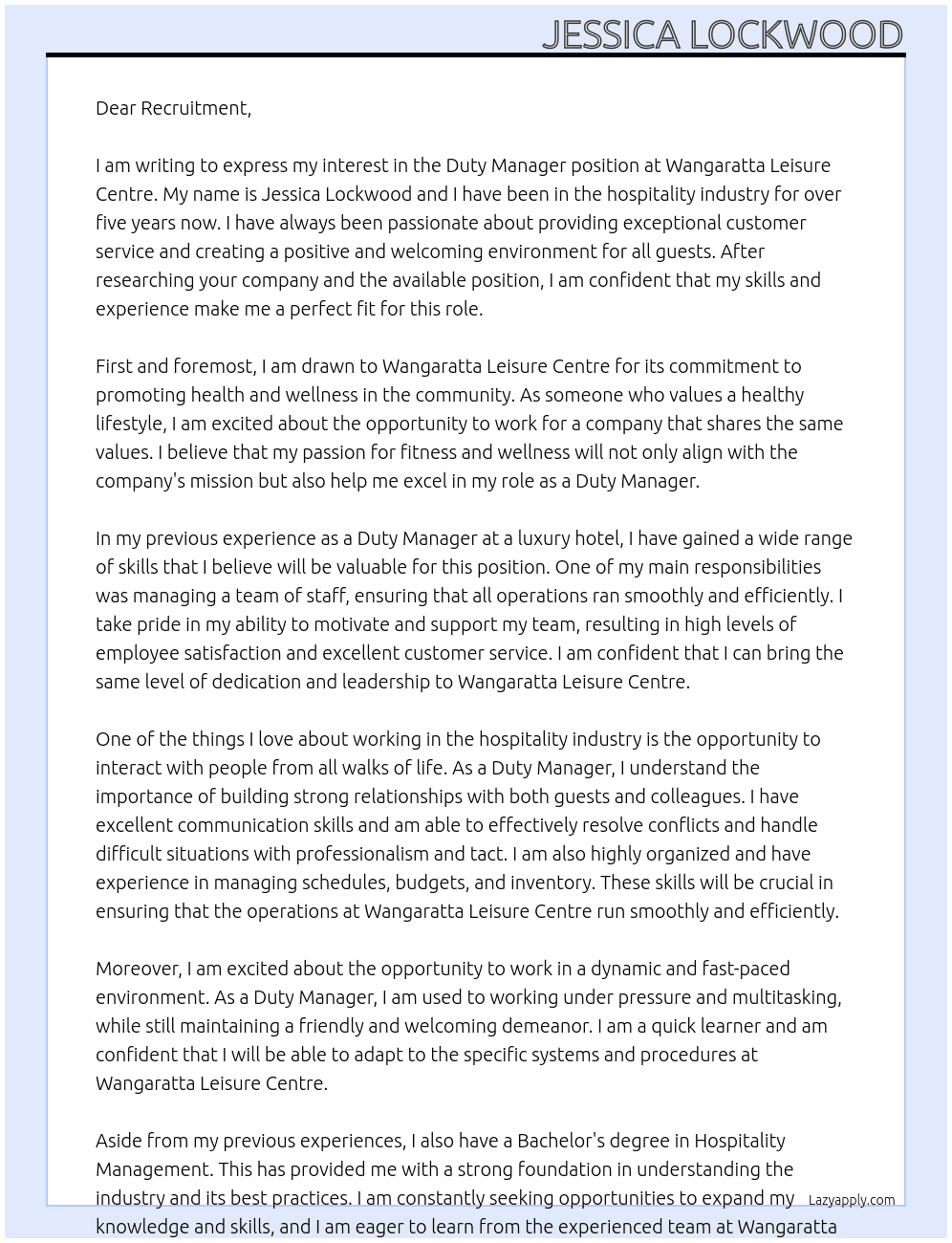 Duty Manager At Wangaratta Leisure Centre Cover Letter