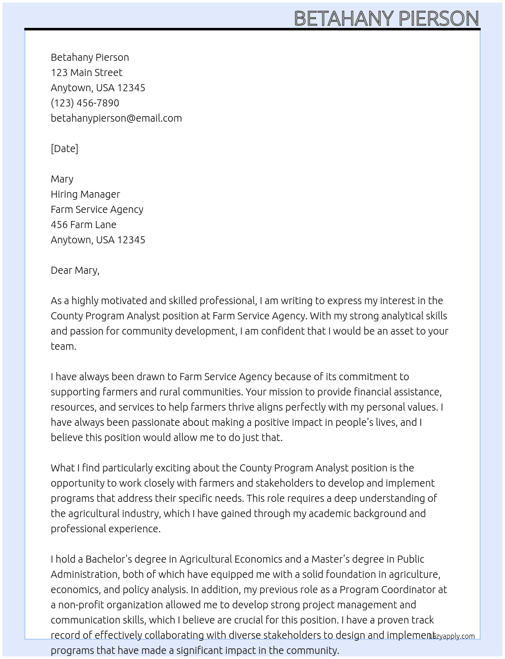 County Program Analyst At Farm Service Agency  Cover Letter