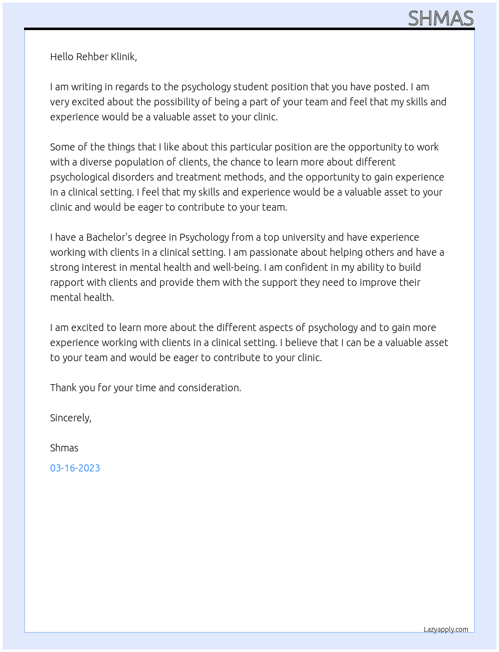 Psychology Student At Rehber Klinik Cover Letter