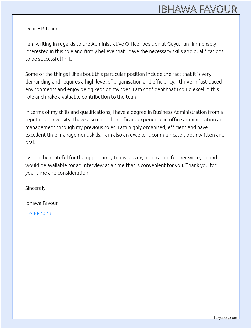 Administrative officer  At Guyu Cover Letter