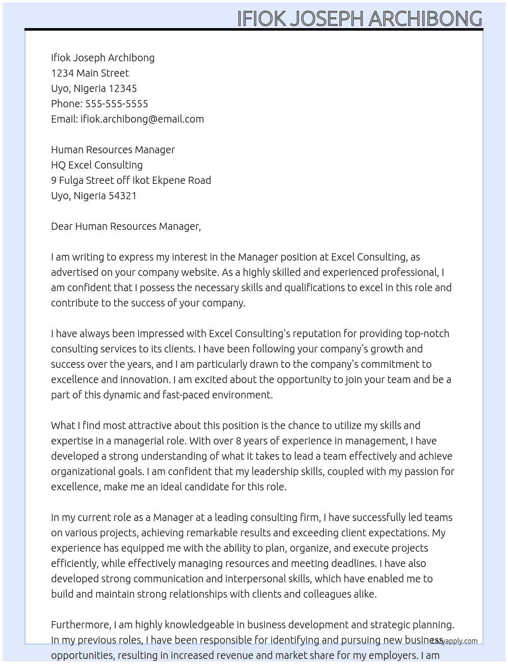 Manager  At Excel consulting Cover Letter