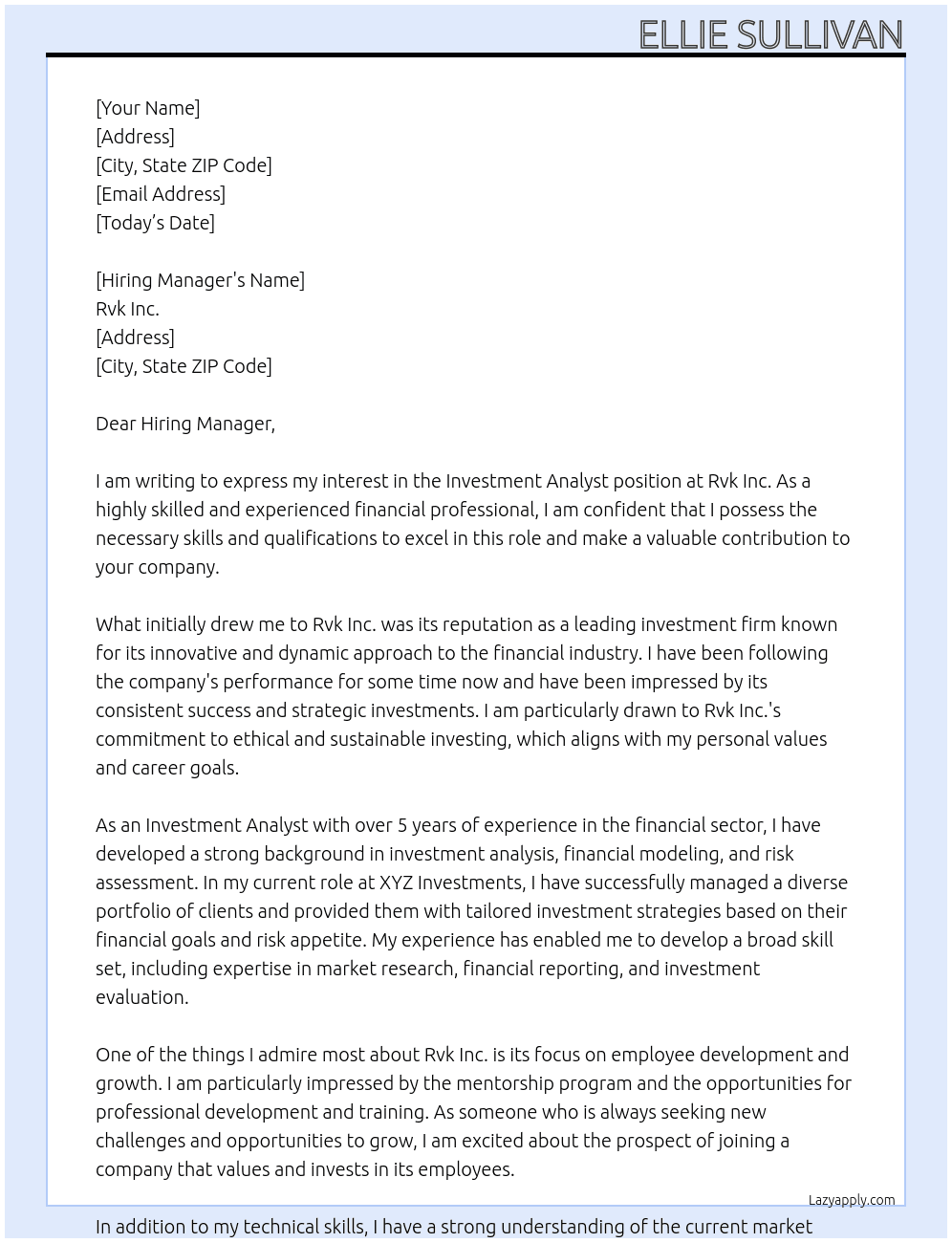 Investment Analyst At Rvk Inc. Cover Letter