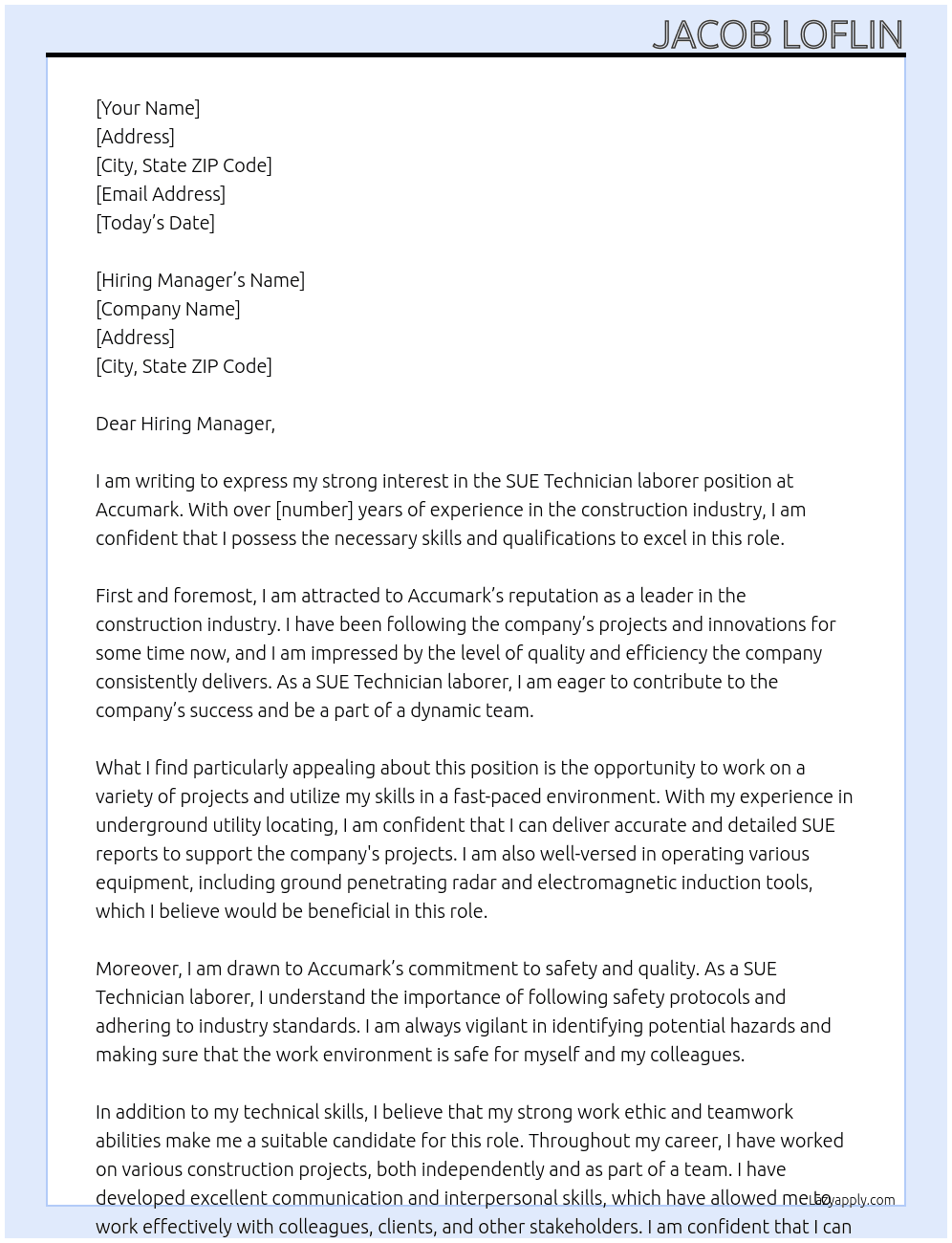 SUE Technician laborer At Accumark  Cover Letter