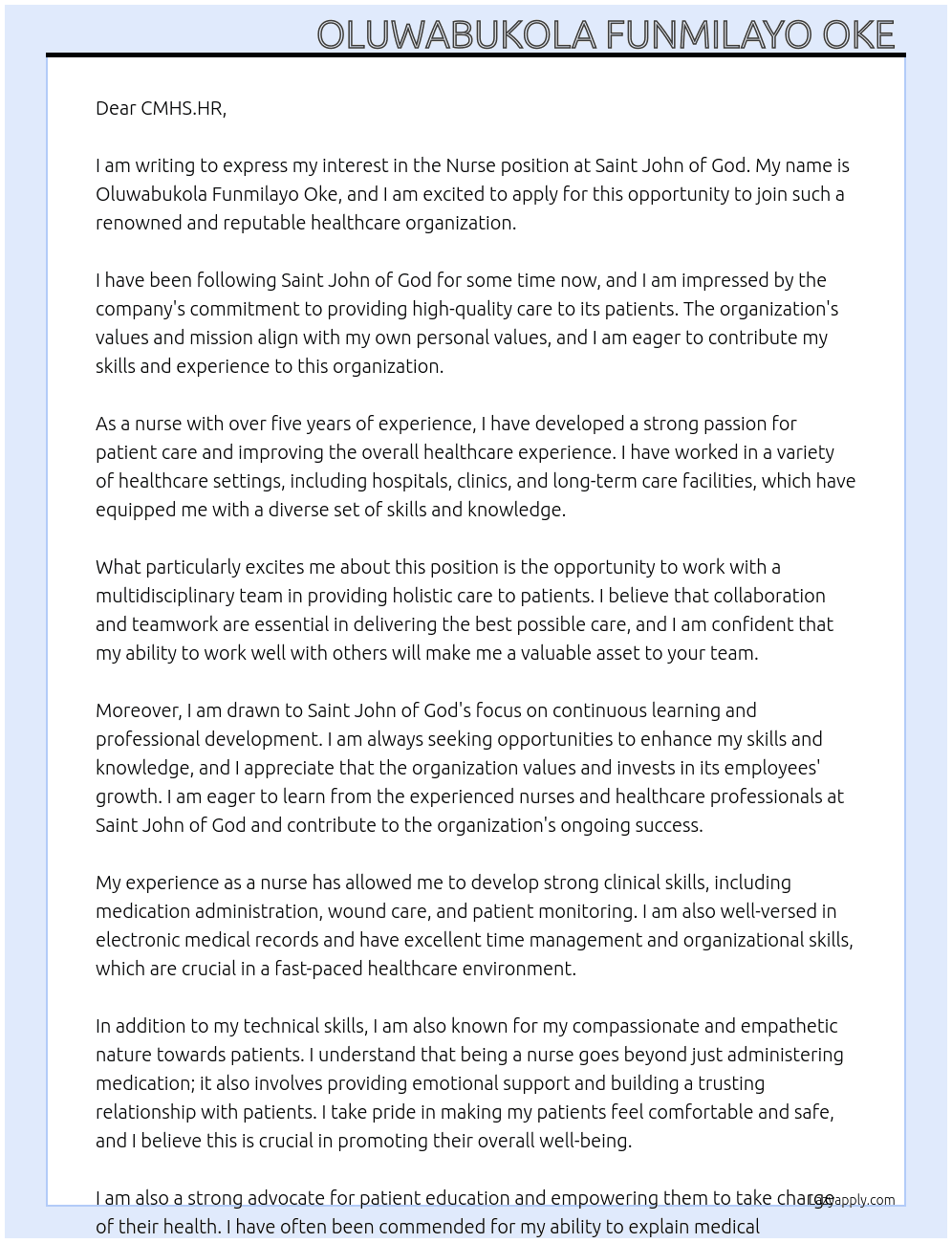 Nurse At Saint John of God Cover Letter