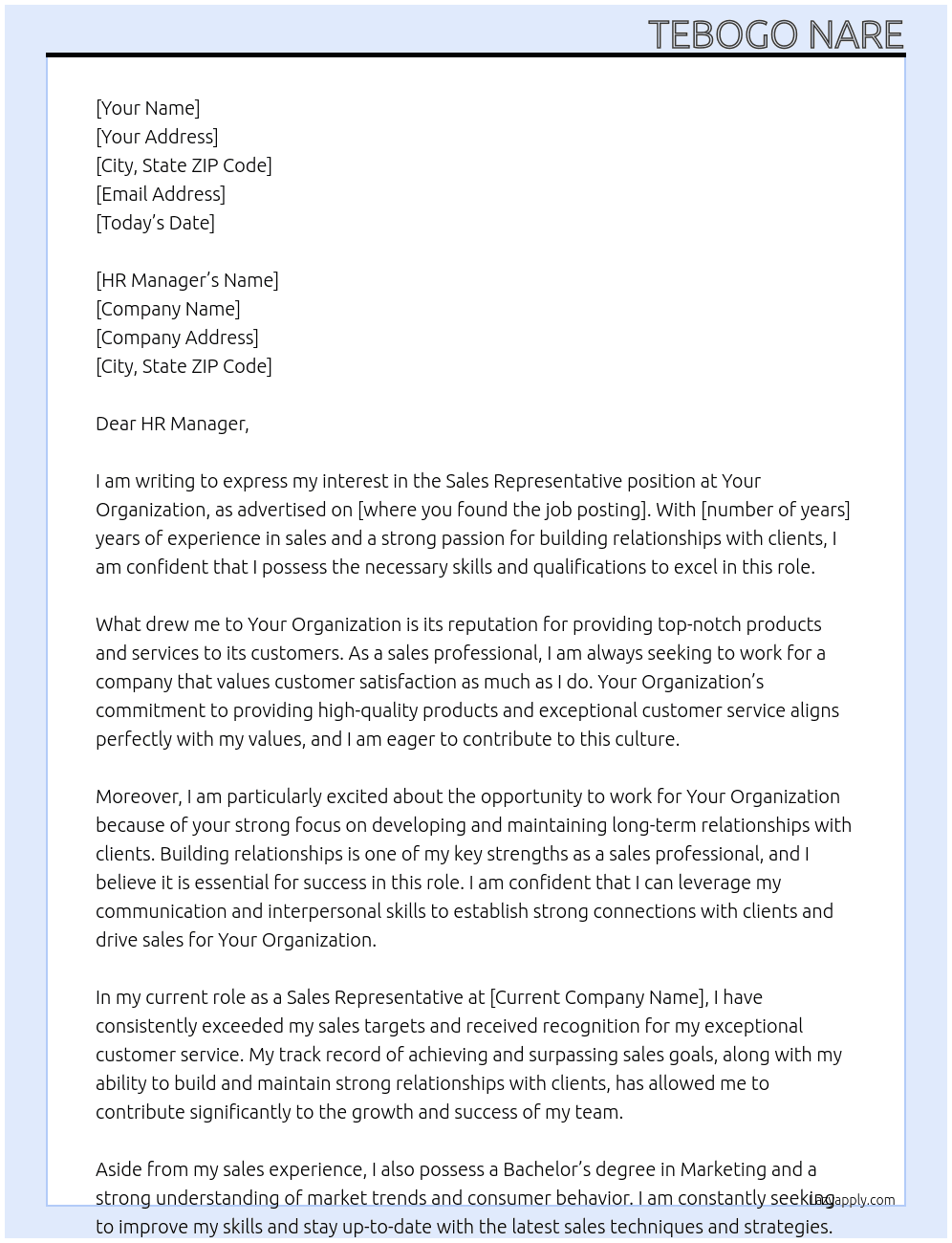 Sales Representative At Your Organization Cover Letter