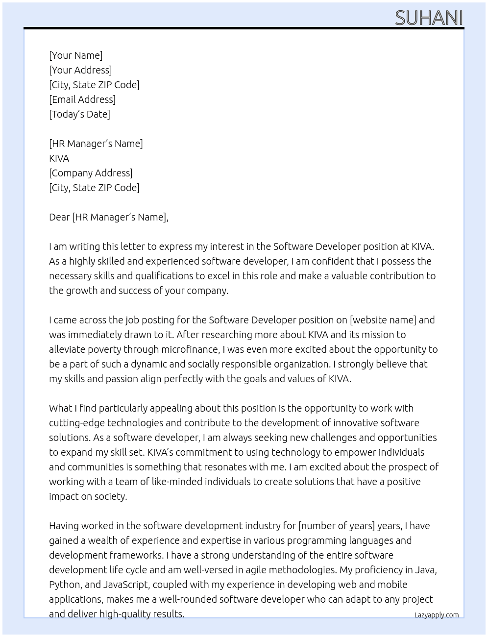 software developer At KIVA Cover Letter