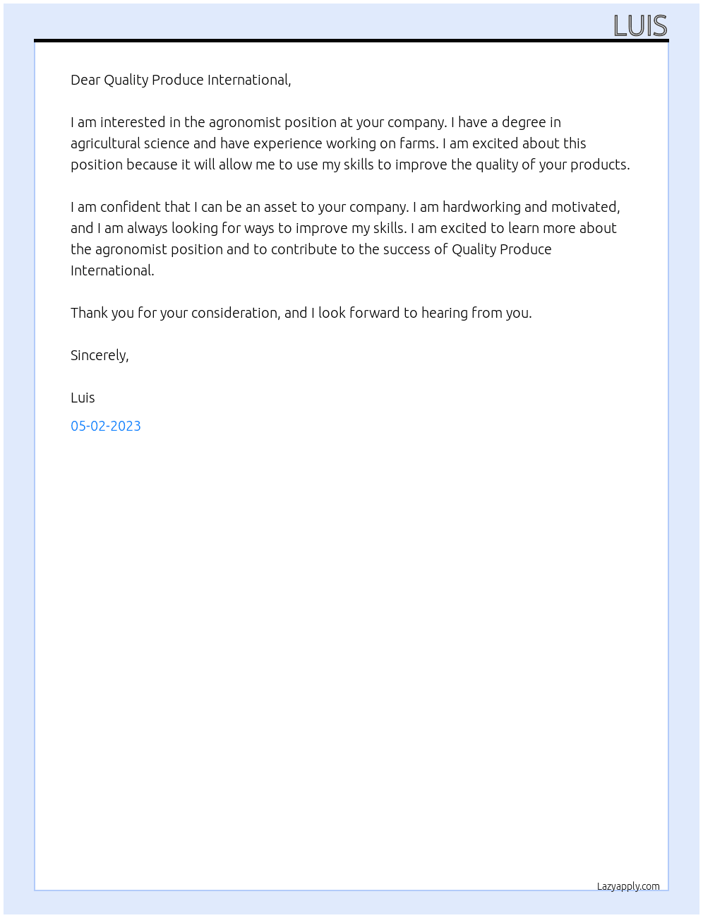 agronomist At Quality Produce International Cover Letter