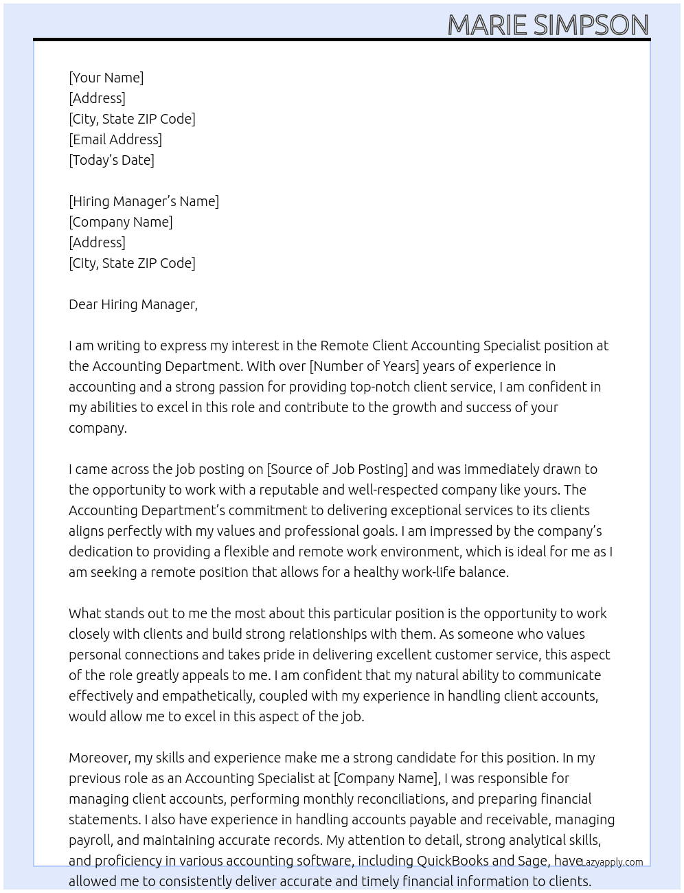 Remote Client Accounting Specialist At Accounting Department Cover Letter