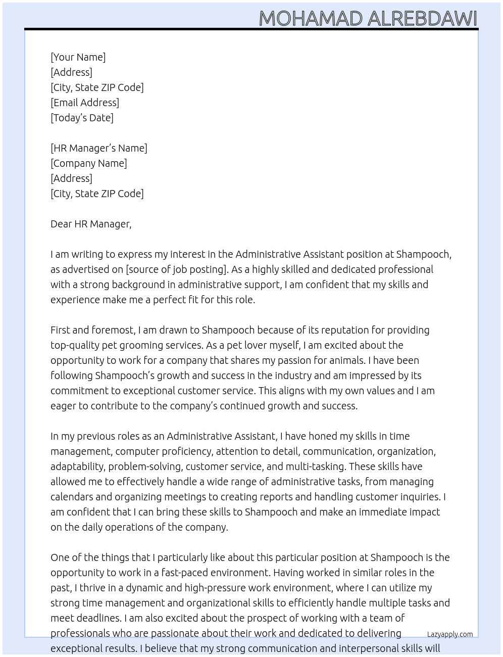      Administrative Assistant	 At Shampooch Cover Letter