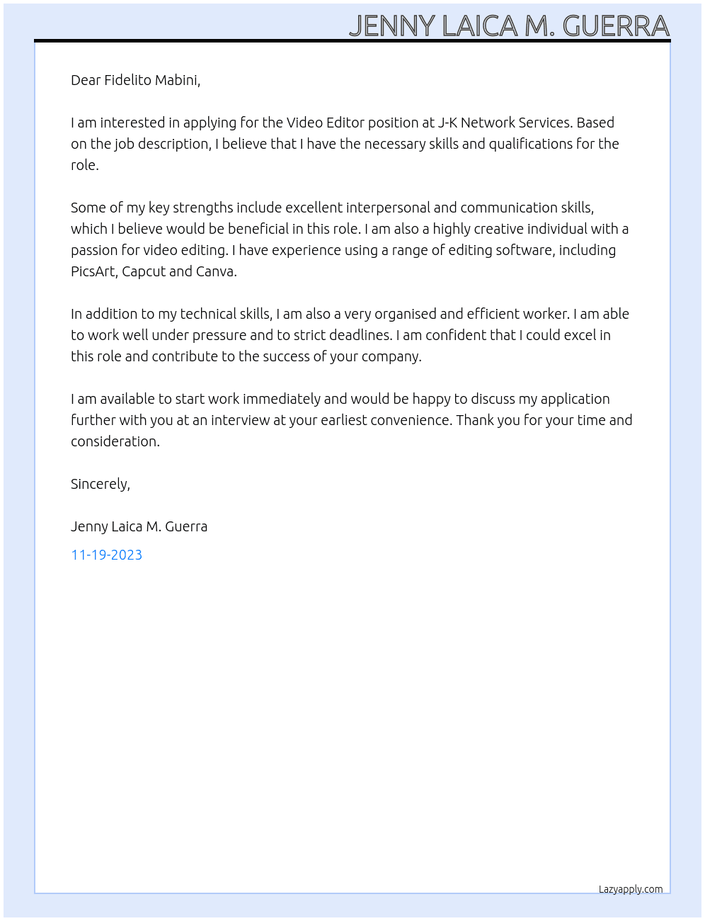 Video Editor At J-K Network Services Cover Letter