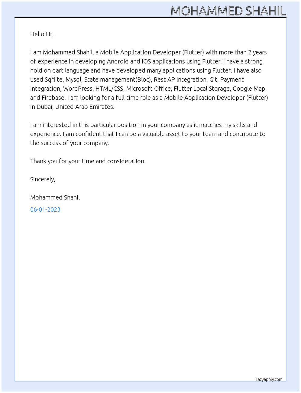 Mobile Application Developer (Flutter) At Majid Al Futtaim Global Solution Cover Letter