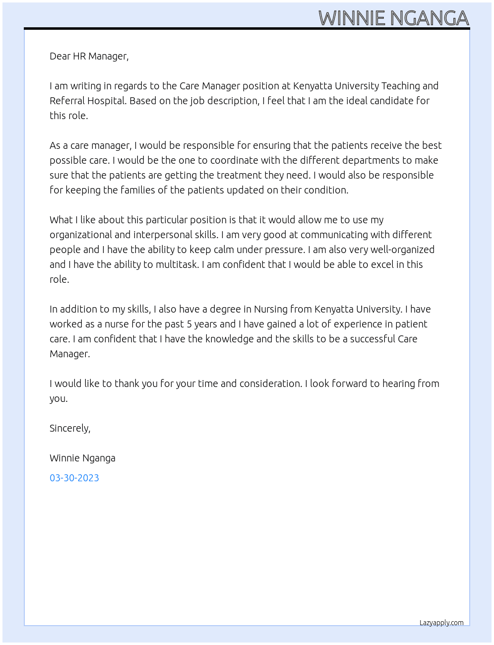 CARE MANAGER At KENYATTA UNIVERSITY TEACHING AND REFFERAL HOSPITAL Cover Letter