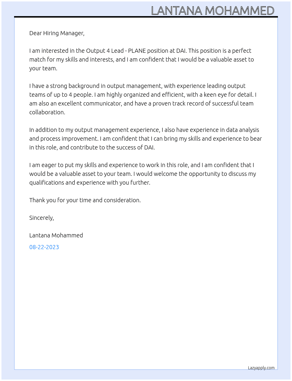 Output 4 Lead - PLANE At DAI Cover Letter